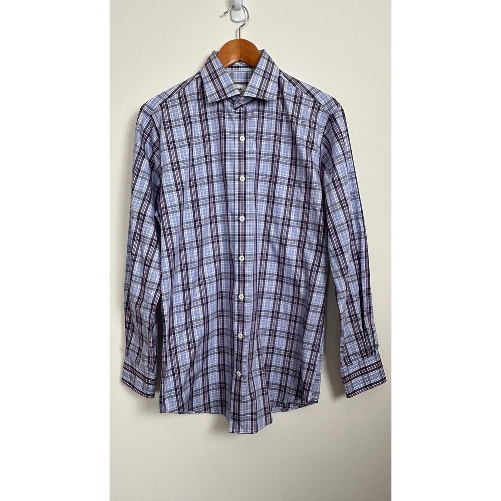 Peter Millar Button Down Blue Pink Plaid‎ Tartan Sport Shirt Size M